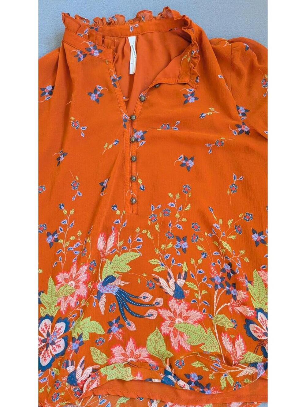 Anthropologie Blouse Womens M Orange Floral Ruffle Henley Long Sleeve Tunic Top - Picture 3 of 9